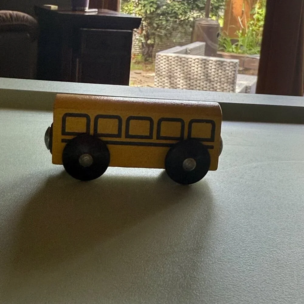 IKEA Wooden Toy Vehicles Set Of 2 Yellow Bus & Red Lightning Car Rolling Wheels